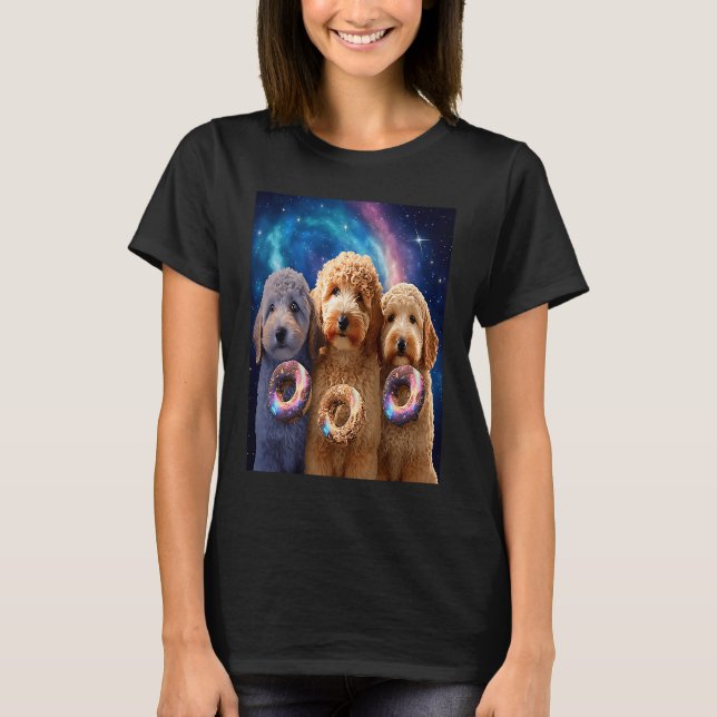 Camiseta Goldendoodle In Space With Donuts Cute Doodle Boys (Frente)