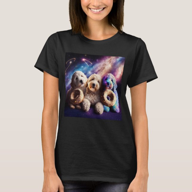 Camiseta Goldendoodle No Espaço Com Donuts Doodle Meninos F (Frente)