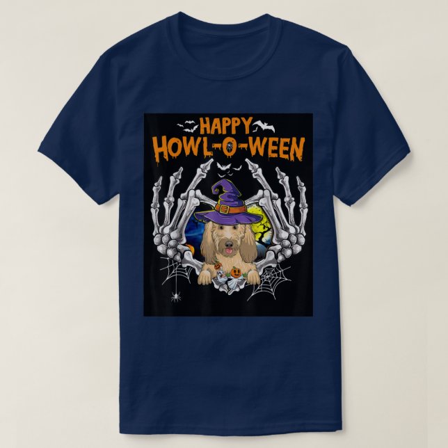 Camiseta Goldendoodle Skeleton Heart Happy Howleen Costum (Frente do Design)