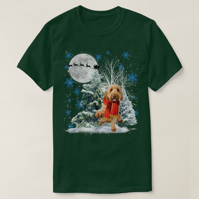 Camiseta Goldendoodle Sob Lua Neve Natal Pajama (Frente do Design)