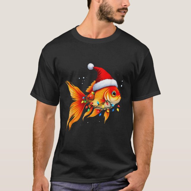 Camiseta Goldfish Santa Hat Luz no Natal Gelado Xmas Paja (Frente)