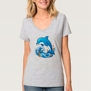 Camiseta Golfinho Azul Saltando Sobre Ondas do Oceano