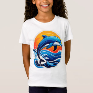 Camiseta Golfinho Azul Saltando Sobre Ondas do Oceano