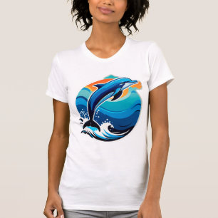 Camiseta Golfinho Azul Saltando Sobre Ondas do Oceano