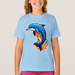 Camiseta Golfinho Azul Saltando Sobre Ondas do Oceano