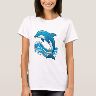 Camiseta Golfinho Azul Saltando Sobre Ondas do Oceano