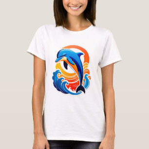 Camiseta Golfinho Azul Saltando Sobre Ondas do Oceano