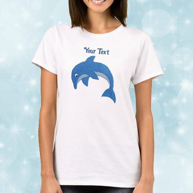 Camiseta Golfinho Branco Azul Sparkle na posição de salto (Cute jumping dolphin in sparkle blue and white on adult tee shirt.)
