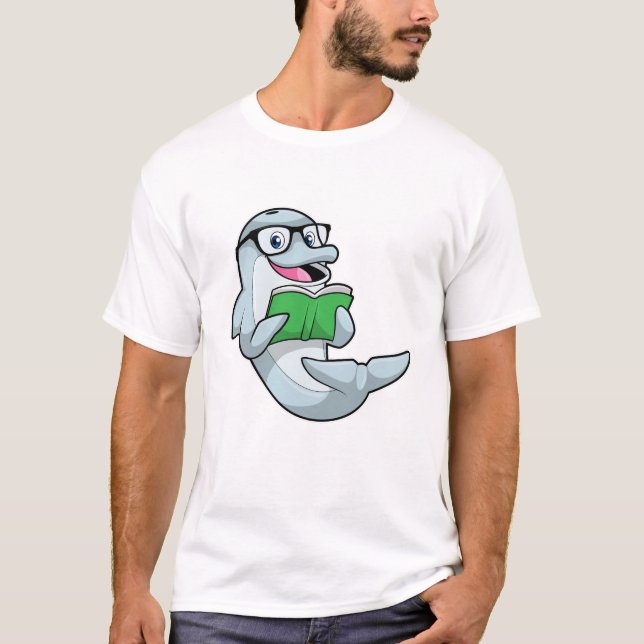 Camiseta Golfinho como Nerd de Óculos e Livro (Frente)