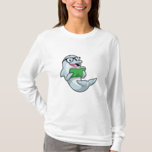 Camiseta Golfinho como Nerd de Óculos e Livro