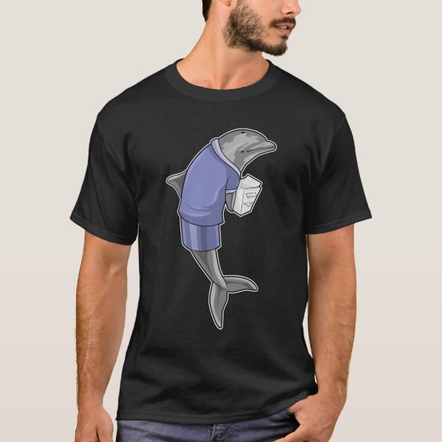 Camiseta Golfinho como Secretário com Pilha de Papel (Frente)