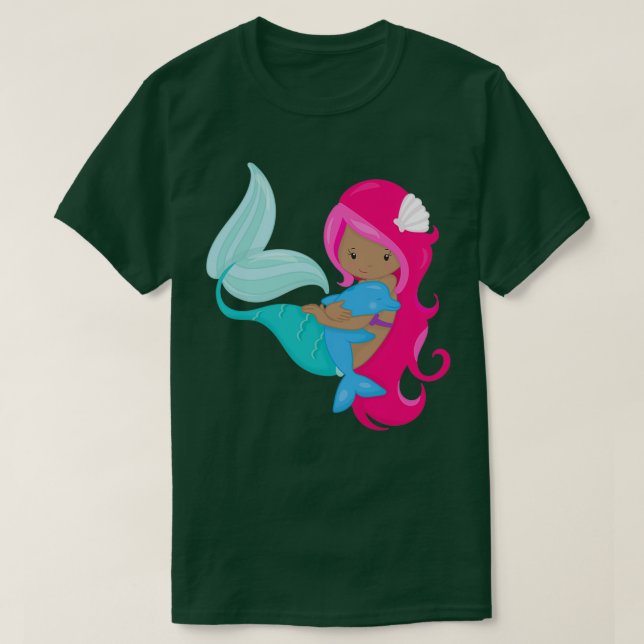 Camiseta Golfinho de Cabelo Rosa Sereia da América Africana (Frente do Design)