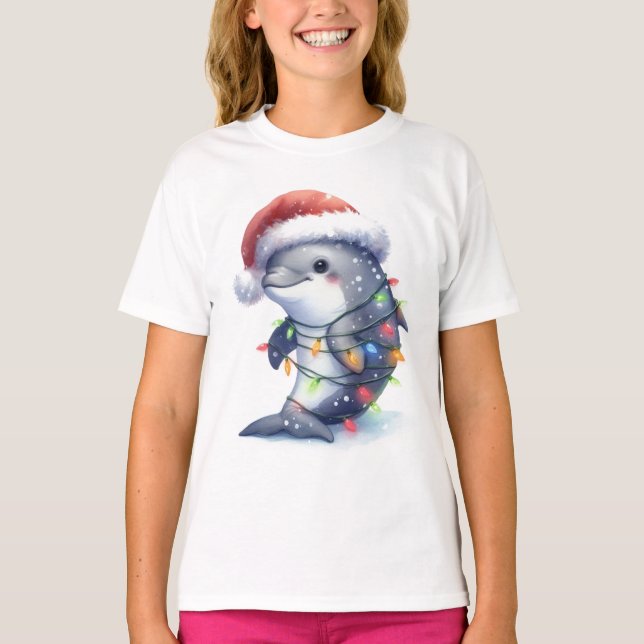 Camiseta Golfinho de Natal Bonito Adorável (Frente)