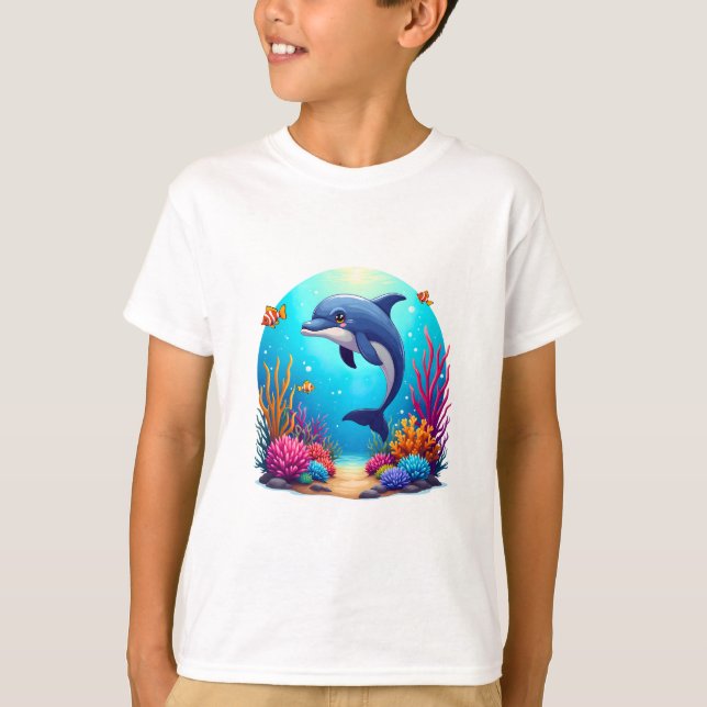 Camiseta Golfinho Whimsical em recife de coral vibrante (Frente)