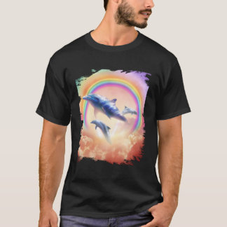 Camiseta Golfinhos Arco-Íris Nadando Em Nuvens