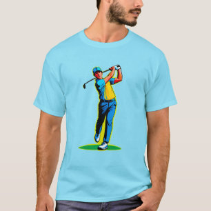 Camiseta Golfista vibrante no estilo Pop-Art balançando um 