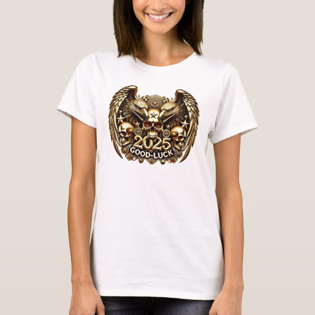 Camiseta Good Luck 2025 Doppeladler Totenkopf Gold (Frente)