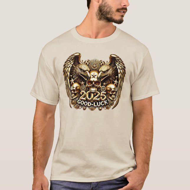 Camiseta Good Luck 2025 Doppeladler Totenkopf Gold (Frente)