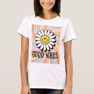 Camiseta Good Vibes com Flor Sorridente Estampa Psicodélico
