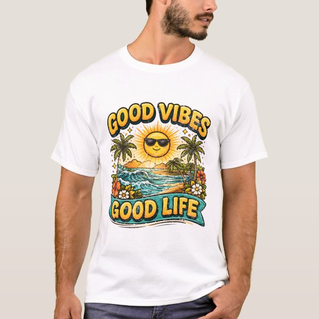 Camiseta Good Vibes Good Life Tropical Beach Art. (Frente)