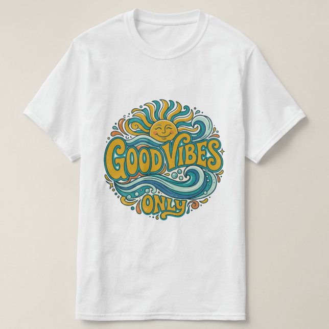 Camiseta Good Vibes Only Positiva Sol Retro (Frente do Design)