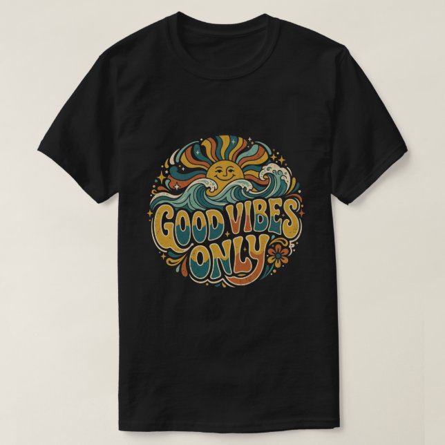 Camiseta Good Vibes Only Positiva Sol Retro (Frente do Design)