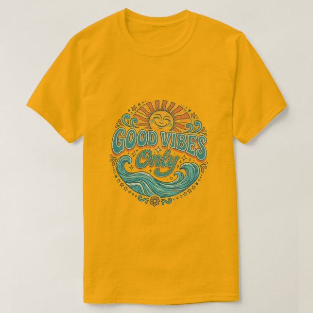 Camiseta Good Vibes Only Positiva Sol Retro (Frente do Design)