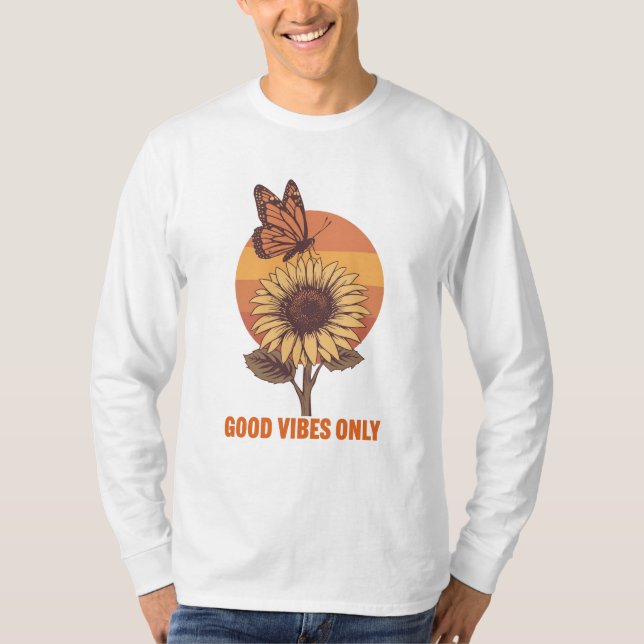 Camiseta Good Vibes Only – Retro Butterfly & Sunflower Unis (Frente)