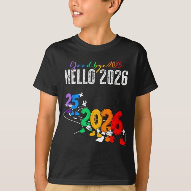 Camiseta Goodbye 2025 Hello 2026 Funny Cartoon New Year Boy (Frente)