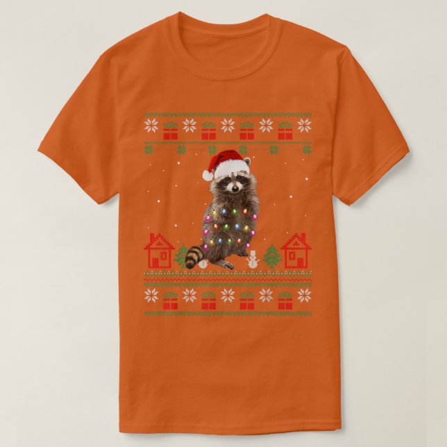 Camiseta Gorducho Natal mapache Chapéu de Papai Noel Luzes  (Frente do Design)