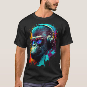 Camiseta Gorilla Monkey DJ Fones de ouvido Óculos escuros C