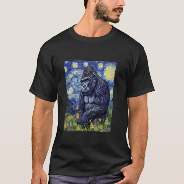 Camiseta Gorilla Monkey Van Gogh Style Starry Night Graph (Frente)