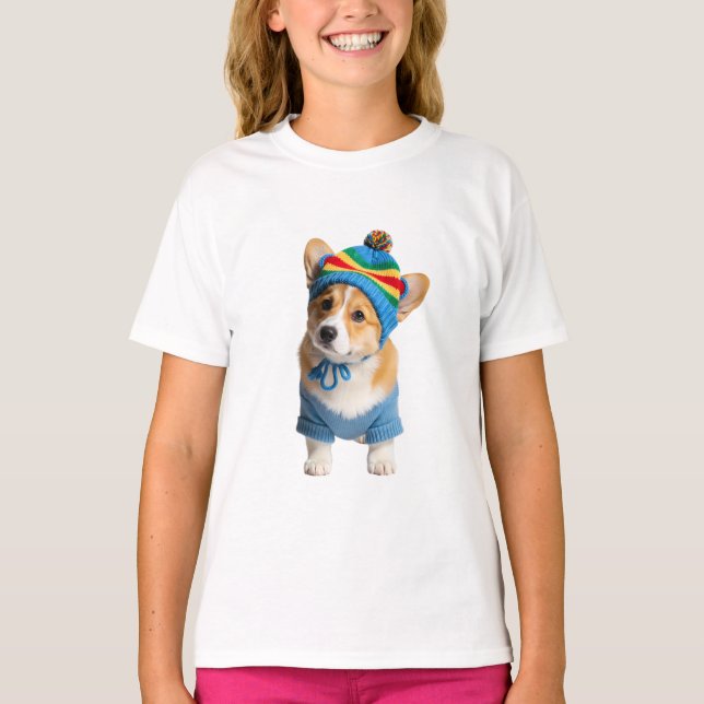 Camiseta Gorrito Listrado de Arco-Íris Corgi Azul Crianças (Frente)