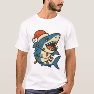 Camiseta Gorro de Papai Noel de Tubarão Natal Divertido