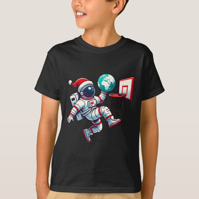 Camiseta Gorro de Papai Noel Engraçado Astronauta Dunking B (Frente)