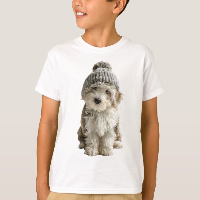 Camiseta Gorro de Tricô Cachorrinho Fofo Crianças (Frente)