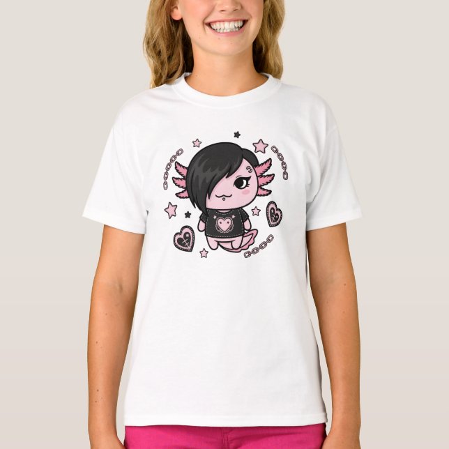 Camiseta Goth E-Girl Axolotl with Pink Chains and Hearts (Frente)