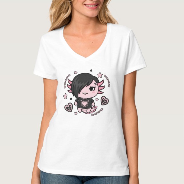 Camiseta Goth E-Girl Axolotl with Pink Chains and Hearts (Frente)