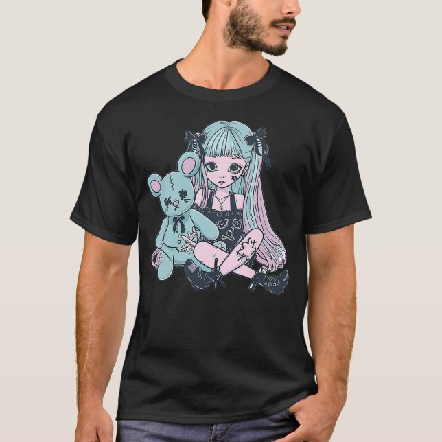 Camiseta Goth Pastel Kawaii Anime Girl with Voodoo doll Ted (Frente)