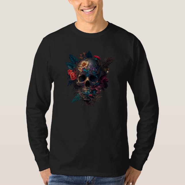 Camiseta Gothic Skull and Flowers Gothic For Women and Men  (Frente)