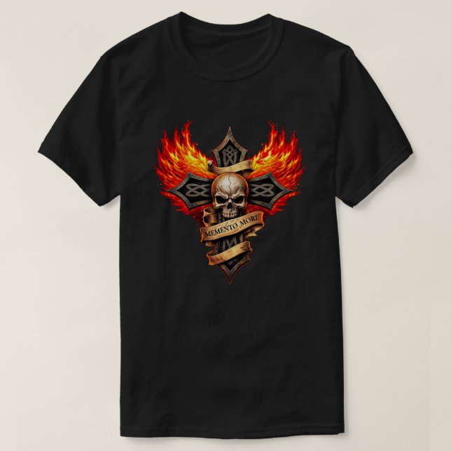 Camiseta Gothic Skull Cross with Flaming Wings Memento Mori (Frente do Design)