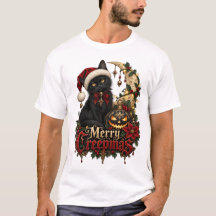 Camiseta Gótica de Gato Preto Merry Creepmas