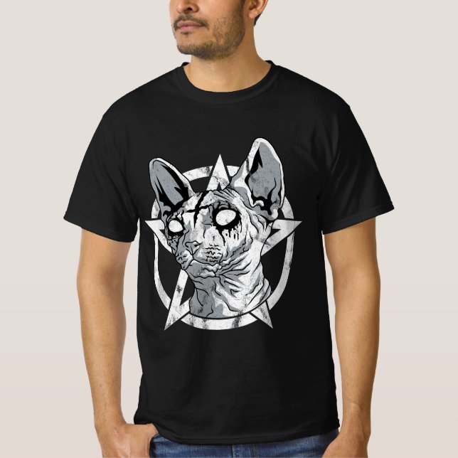 Camiseta Gótico de Gato Sphynx de Metal Negro e Esfingx de  (Frente)