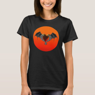 Camiseta Gótico de Halloween Coração Laranja e Asas de Bat 