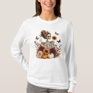 Camiseta Gótico Floral Esqueleto Outono Halloween 