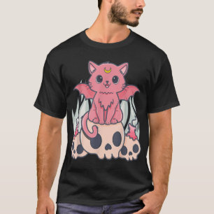 Camiseta Gótico Kawaii Pastel Gato e Crânio de Demônio C