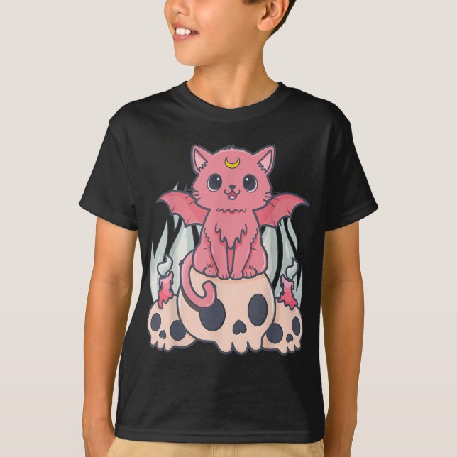 Camiseta Gótico Kawaii Pastel Gato e Crânio de Demônio Cére (Frente)
