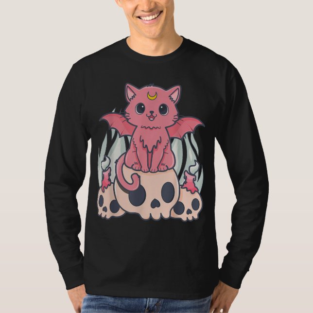 Camiseta Gótico Kawaii Pastel Gato e Crânio de Demônio Cére (Frente)