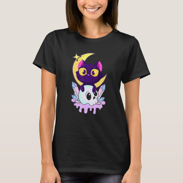 Camiseta Gótico Pastel Moon Wiccan Animal Cat Skull (Frente)