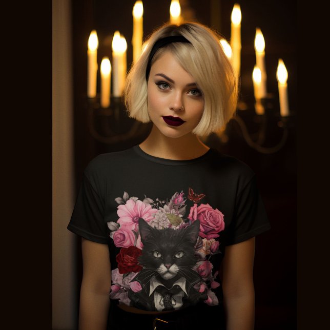 Camiseta Gótico Rock Cat Rosas Escuro Moody, mas bonito (Criador carregado)